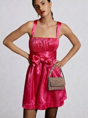 Maeve Anthropologie Bow-Tie Satin Mini Dress in Pink